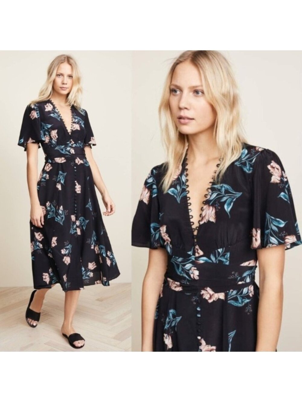 Nicholas Silk Black Piper Floral Button Front Midi Dress Deep V-Neck Waist-Tie 8